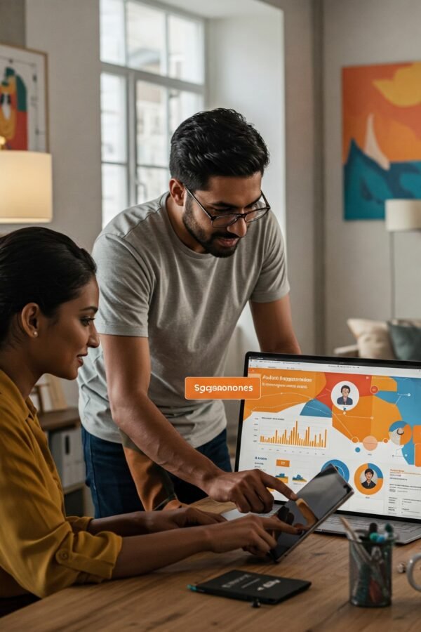 Two digital marketing professionals collaborating on audience segmentation strategies with 250K+ follower insights. Click Fusion Media's boutique approach to targeting ideal customers.