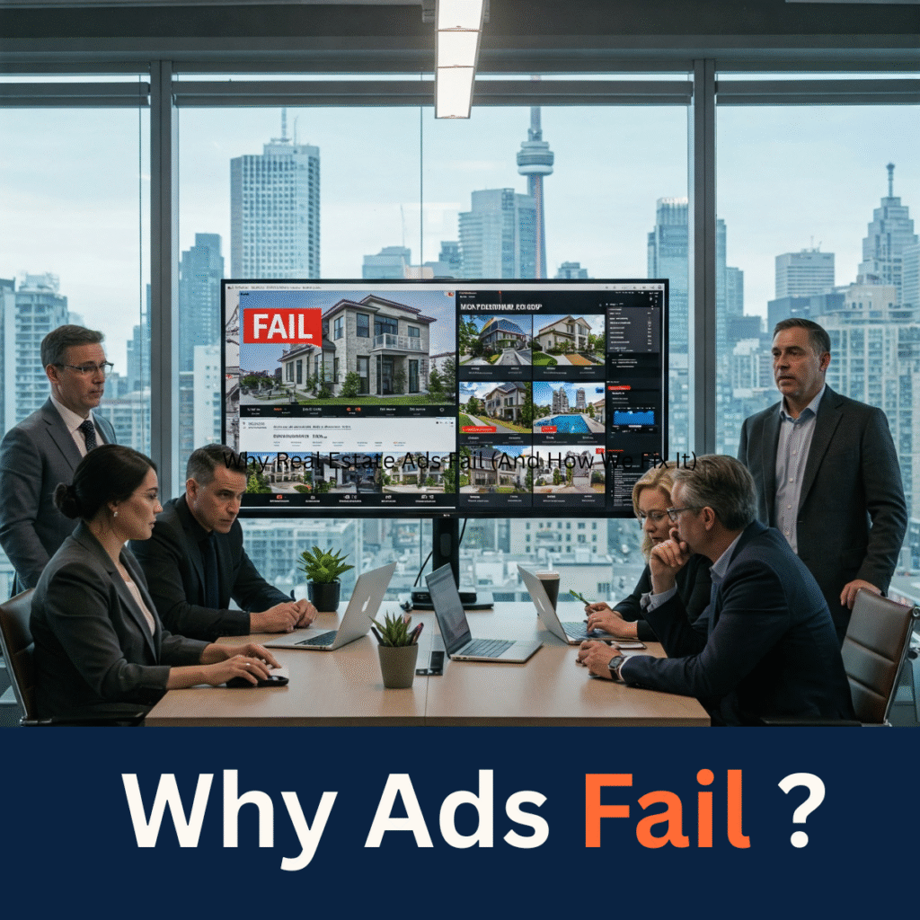 Toronto marketing team analyzing failing real estate ad campaigns with CN Tower skyline view, showing property listings marked as underperforming on digital screens