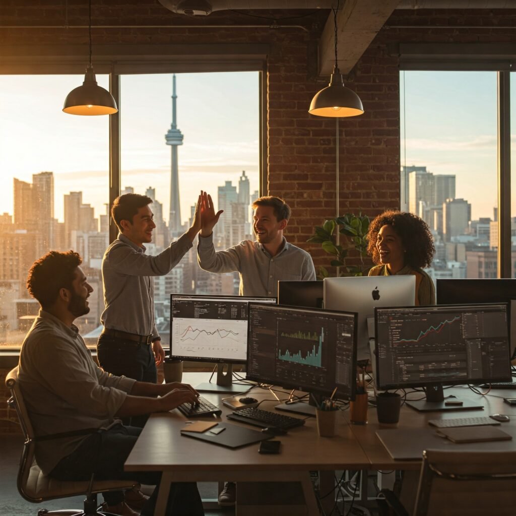 Happy digital marketing team celebrating campaign success in a Toronto office during golden hour with CN Tower in the background