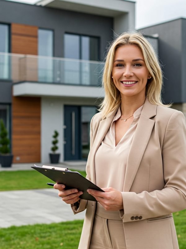 Confident real estate agent holding clipboard in front of modern home, symbolizing successful lead generation strategy